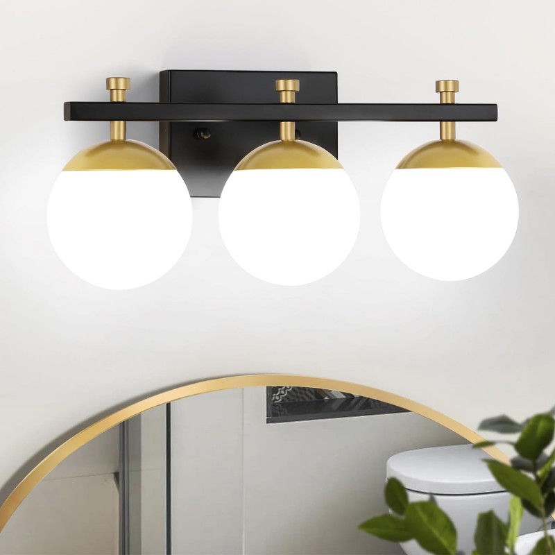 Lámpara de pared 3 luces con esferas de vidrio negra con dorado.