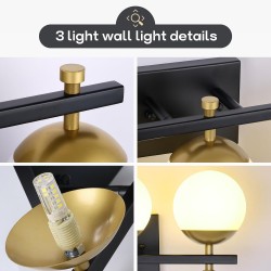 Lámpara de pared 3 luces con esferas de vidrio negra con dorado.